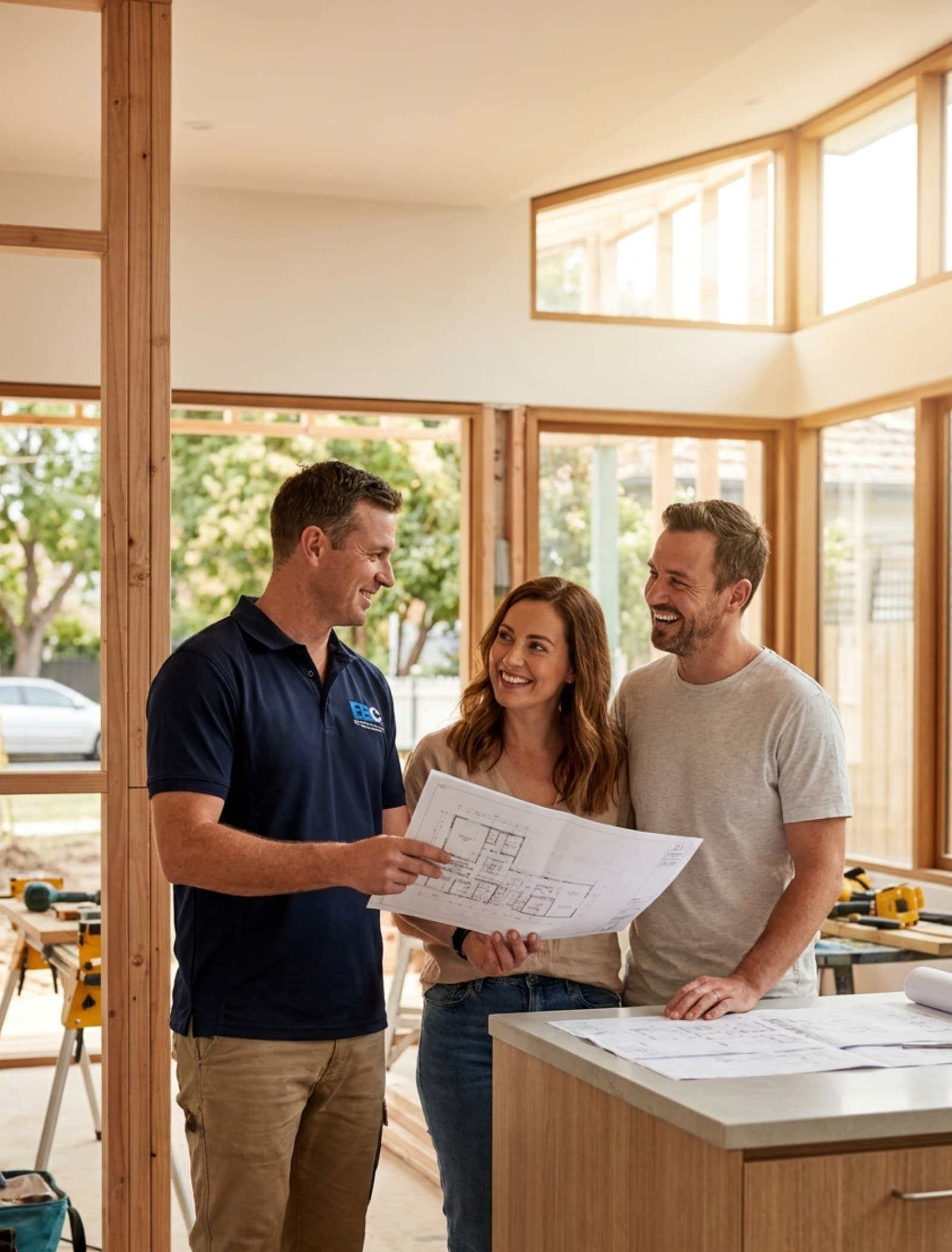 EBC builder reviewing renovation plans with a happy homeowner couple